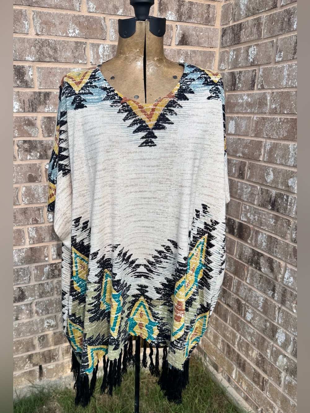 Double D Ranch Boho Fringe Poncho with Aztec Print - Cream, Black, Teal, Mustard